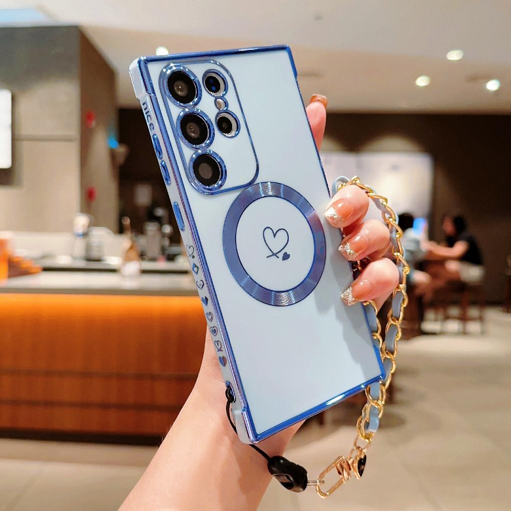 For Samsung Galaxy S24 Ultra Magnetic Case Electroplated Love Hearts TPU Phone Cover with Chain Strap