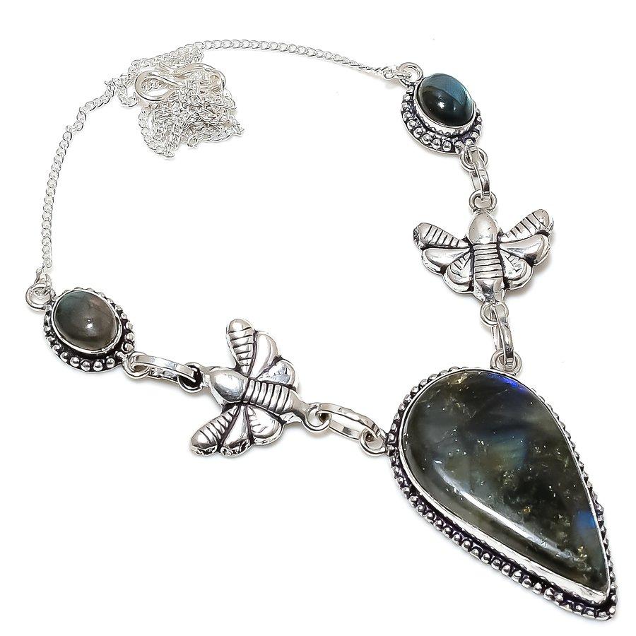 

Labradorite Handmade Gemstone 925 Sterling Silver Jewelry Necklace 18 N1z92 чёрный