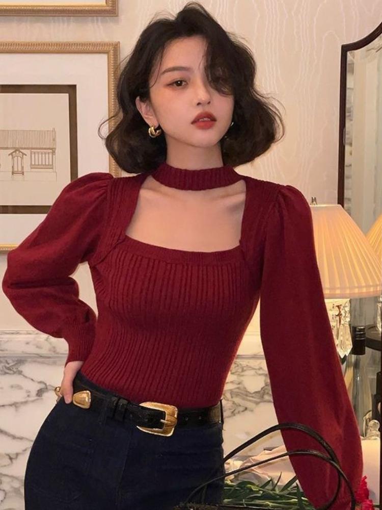 Sweaters Autumn and Winter The New Niche Bubble Sleeves Square Neck Bottoming Shirt and Long-sleeved Knitted Tops.