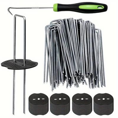 101-teiliges Gartenpfahl-Set – 50 rostbeständige Gartenpfähle aus verzinktem Metall, 50 Kunststoffscheiben, 1 Picking-Werkzeug – U-förmige Anker
