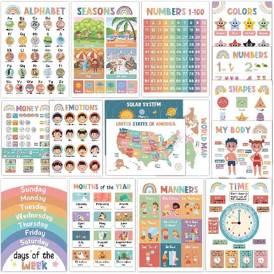 16Pcs Educational Posters for Toddlers 1-3, Learning Posters for Toddlers 1-3, ABC Poster for Kids Ages 3-5, Preschool Posters 1 2 3 Year Old,