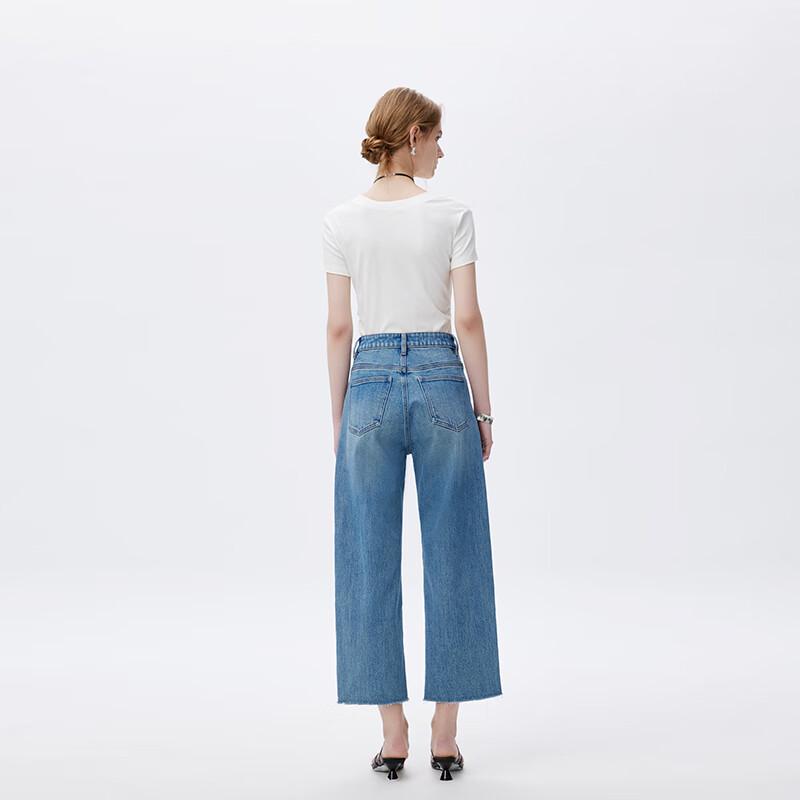 Fengmao Women's Lycra Raw Hem Straight-Leg Jeans