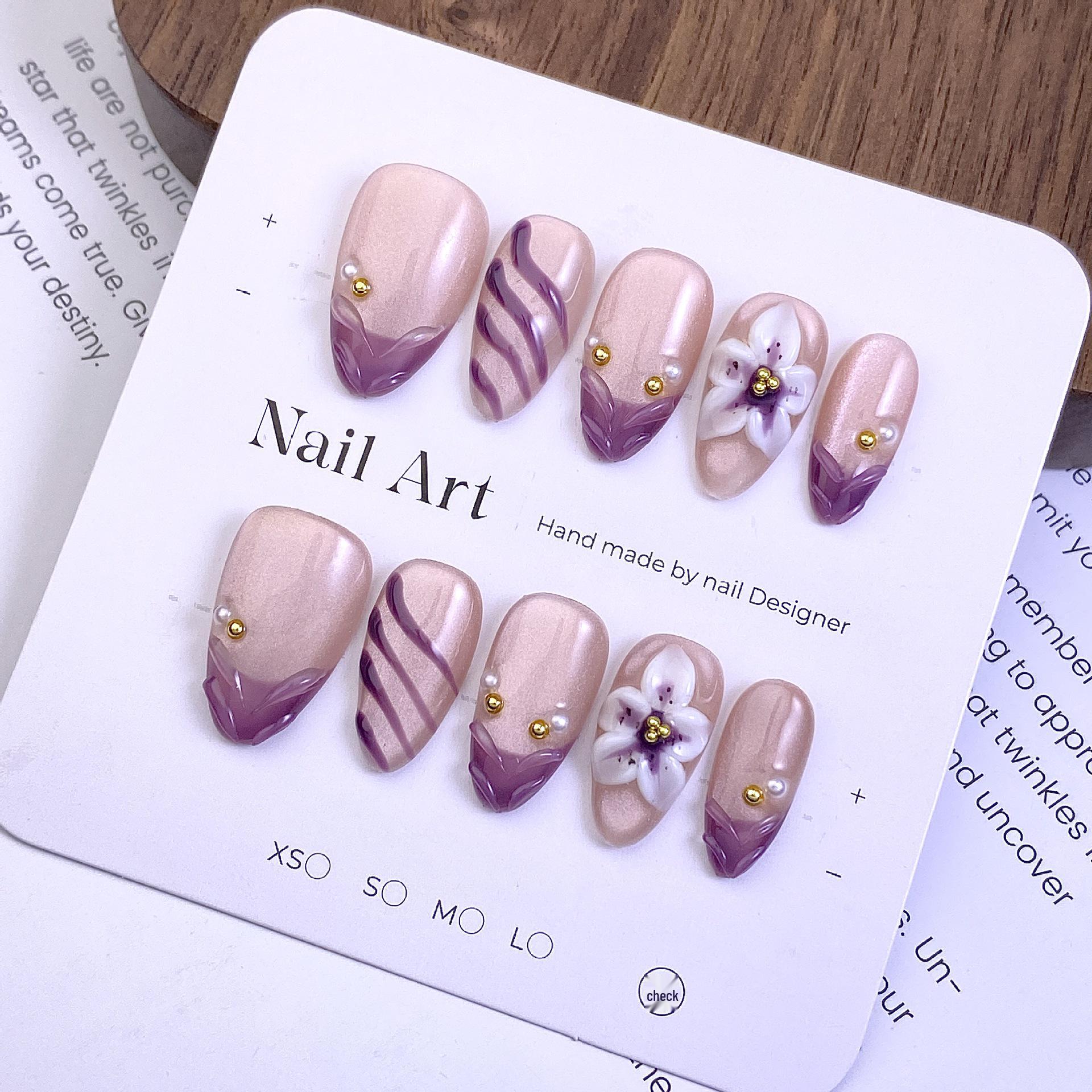 Luxurious Hand-Painted Purple Gradient Floral 3D Pearl Nail Stickers, Short Almond Shape Small