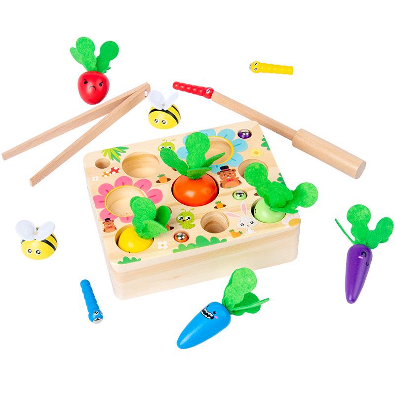 Wooden Radish & Bee Catch Game: Early Education Toy for Hand-Eye Coordination with Carrots, Fishing, and Insect Catching Elements