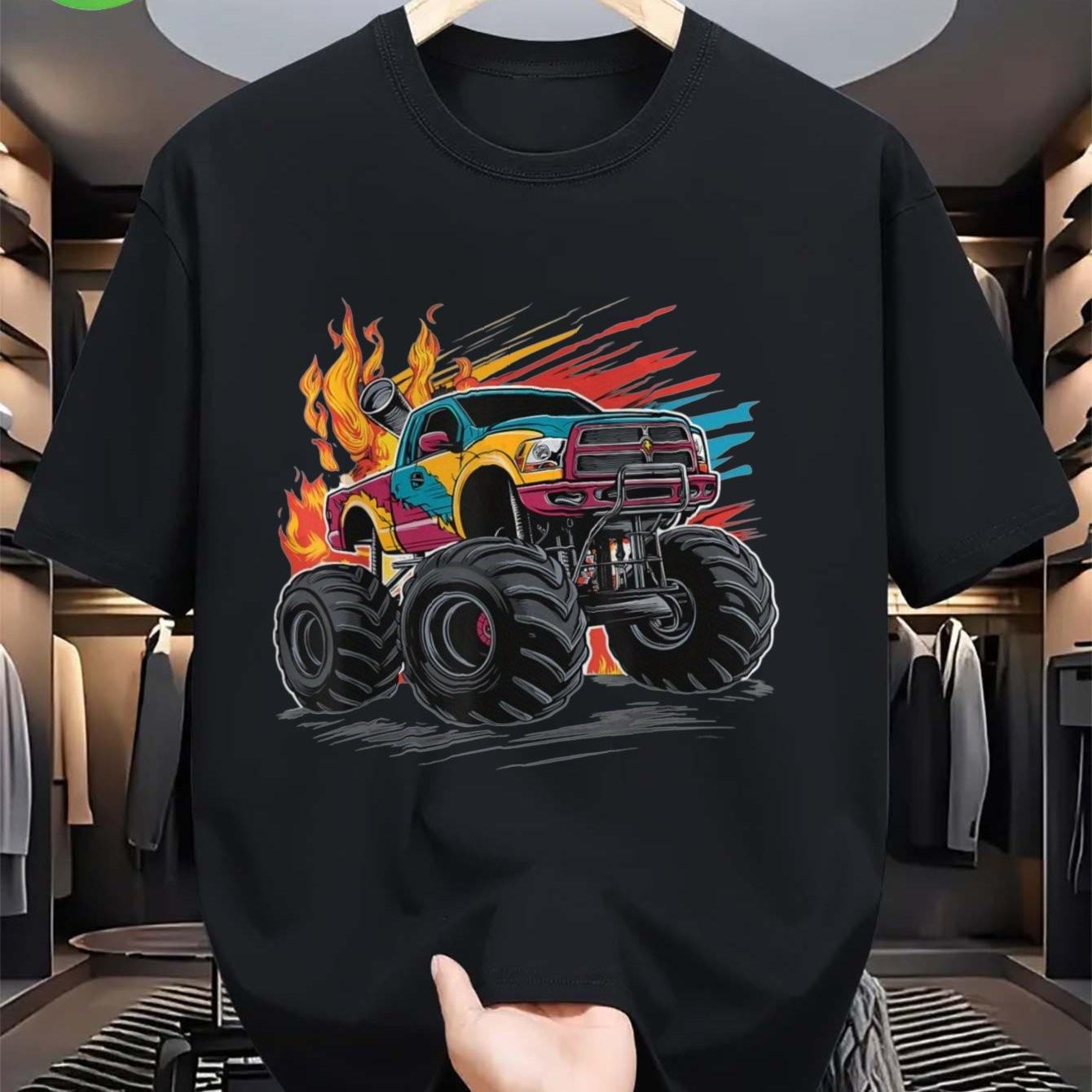 Monster Truck Graphic Tee Breathable Cotton Short Sleeve TShirt for Adults Daily Wear S