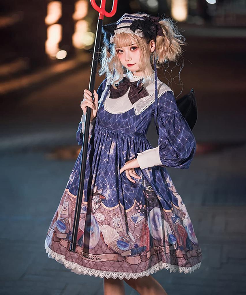 [Milky Time] Lolita Classic Lolita Dress with Mutton Sleeves, Long Sleeves, Magic Crystal, and Cat Design (Navy)