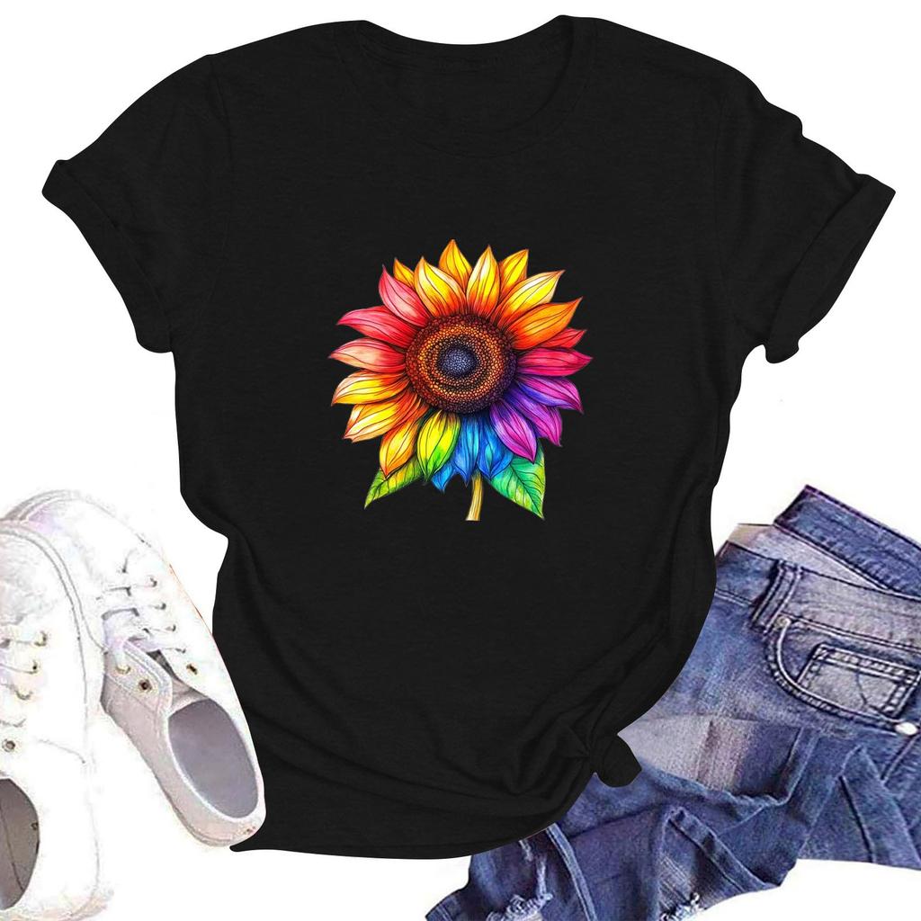 Women's Casual Loose Printed T-shirt Round Neck Pullover Short Sleeved Top