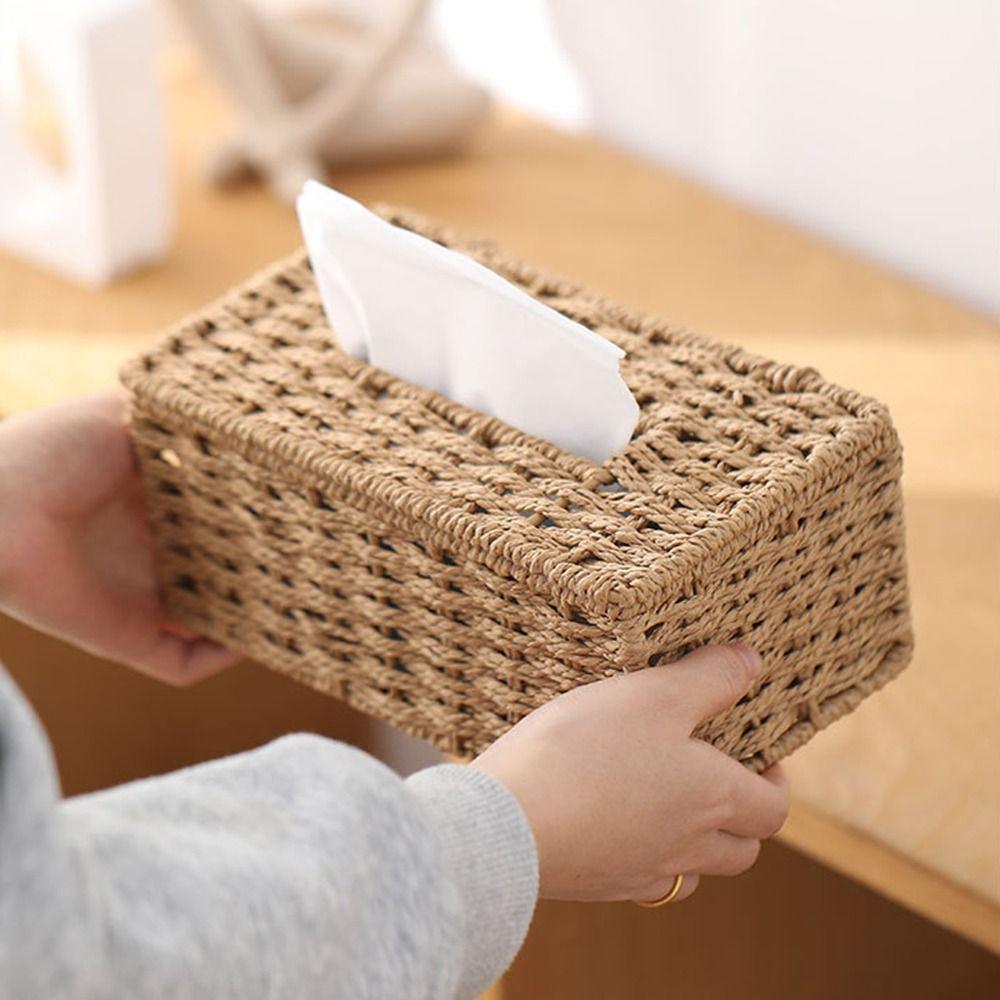 Large Capacity Woven Tissue Box Handmade Tissue Paper Container Desktop Napkin Dispenser Office