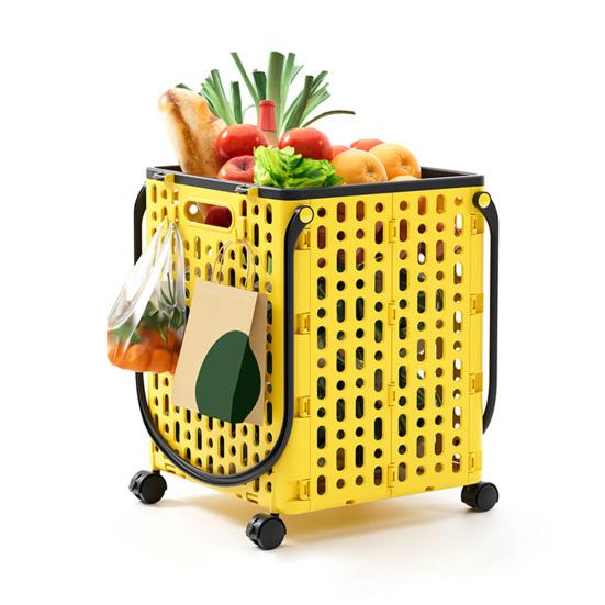 Folding Shopping Cart Collapsible Utility Cart with 360-Degree Swivel Wheels Lightweight Foldable Rolling Cart with Hooks for Grocery Shopping Laundry