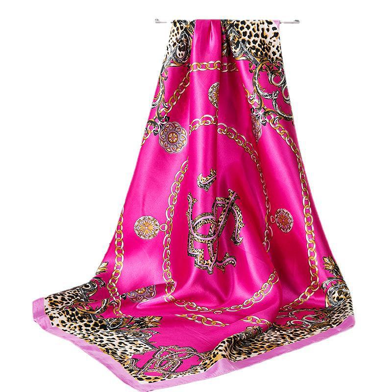Women's Silk Large Square Scarf with Leopard and Chain Design for Spring and Autumn