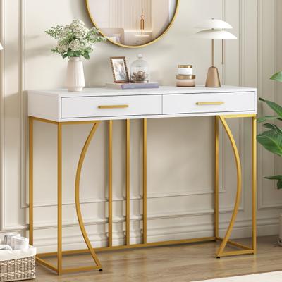 Console Table with 2 Drawers Light Luxury Modern Metal Golden Frame Living Room Farmhouse Long Hallway Table Behind Sofa Narrow Entryway