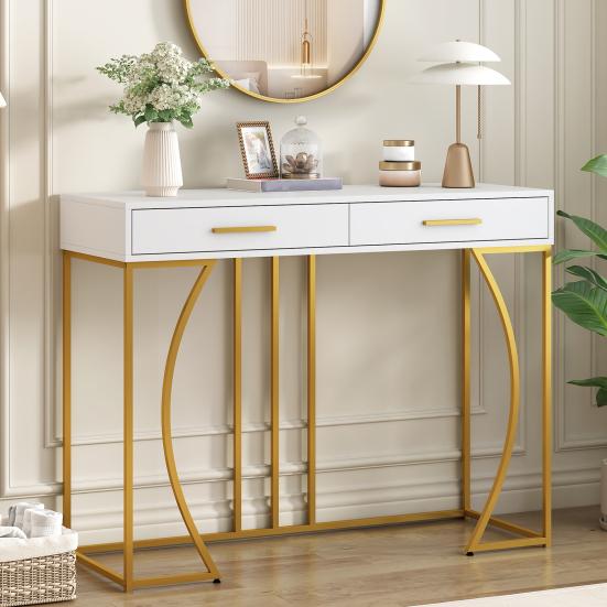 Console Table with 2 Drawers Light Luxury Modern Metal Golden Frame Living Room Farmhouse Long Hallway Table Behind Sofa Narrow Entryway Table
