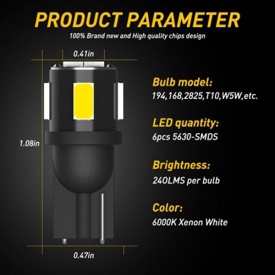 10Pc W5W 168 T10 LED Reverse Canbus Free Light Error LED Bulb 10-SMD Car New