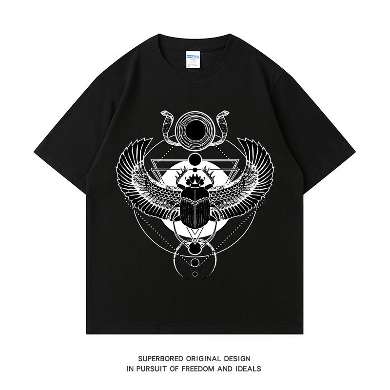 

220 GSM тяжелая футболка из 100% хлопка футболка с принтом «Крылатый скарабей и солнечный диск» мужские повседневные базовые мужские топы с круглым вырезом