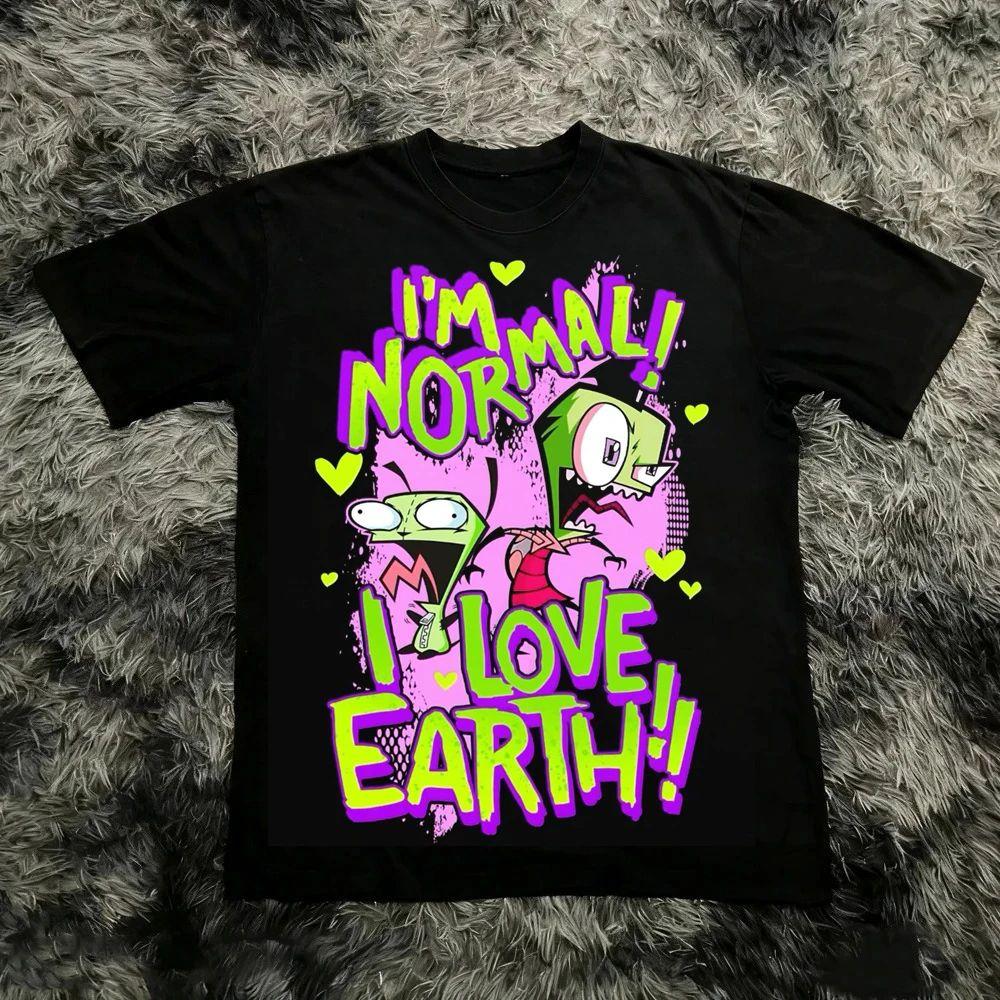 Retro High Street Graphic Print Tee Vintage Invader Zim Cartoon Print Short Sleeve 90s Nostalgia Summer Y2k Streetwear Unisex