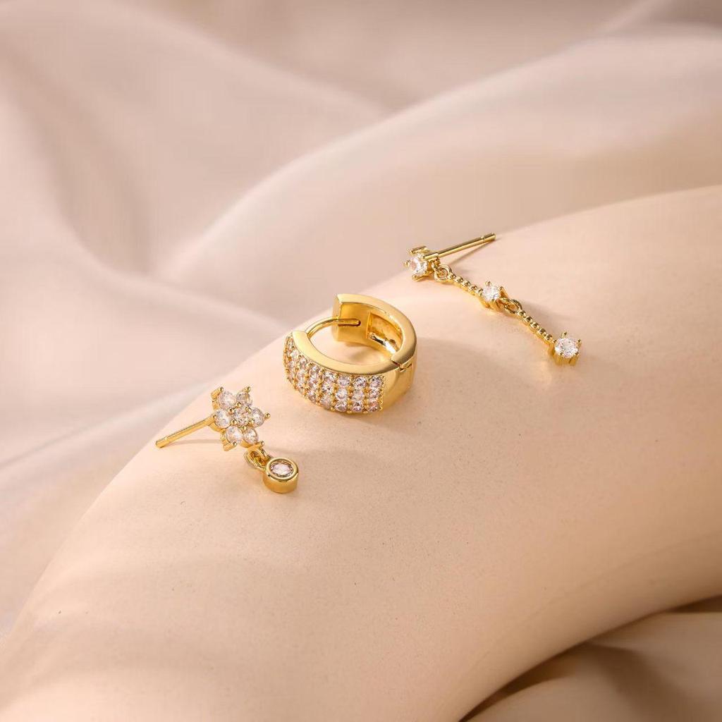 Gold-Plated Brass Tassel Earrings with Zircon Inlay - Three-Piece Set