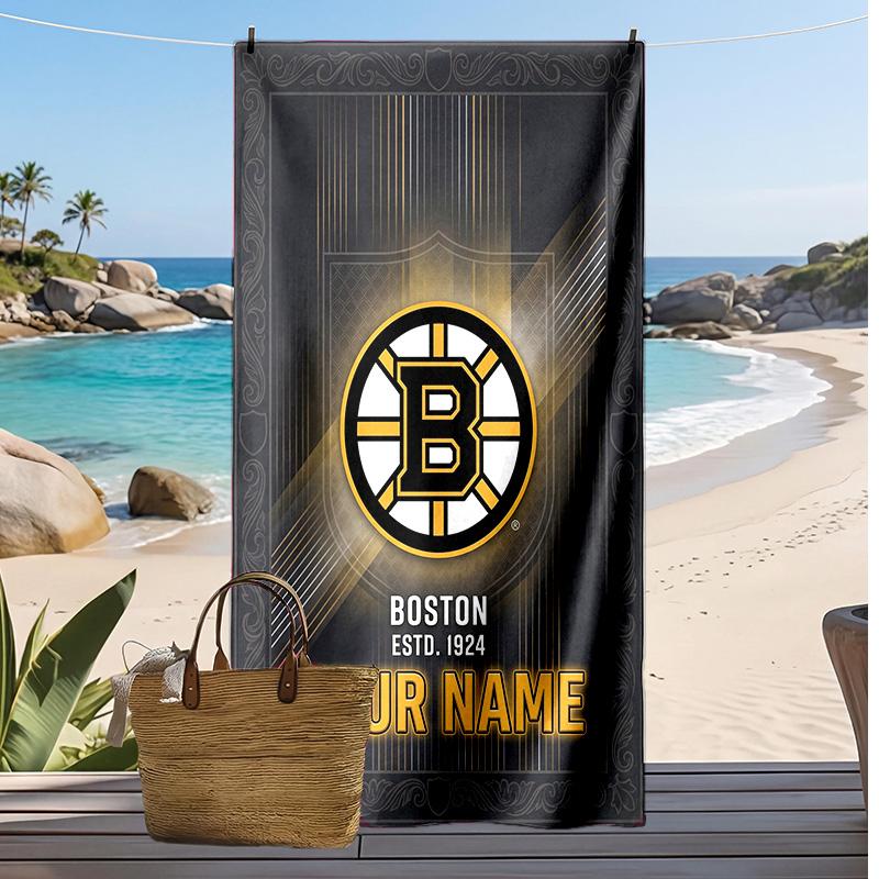 Boston Bruins Custom Beach Towel, Print Your Name Text Lightweight Absorbent Towel for Swimming Travel