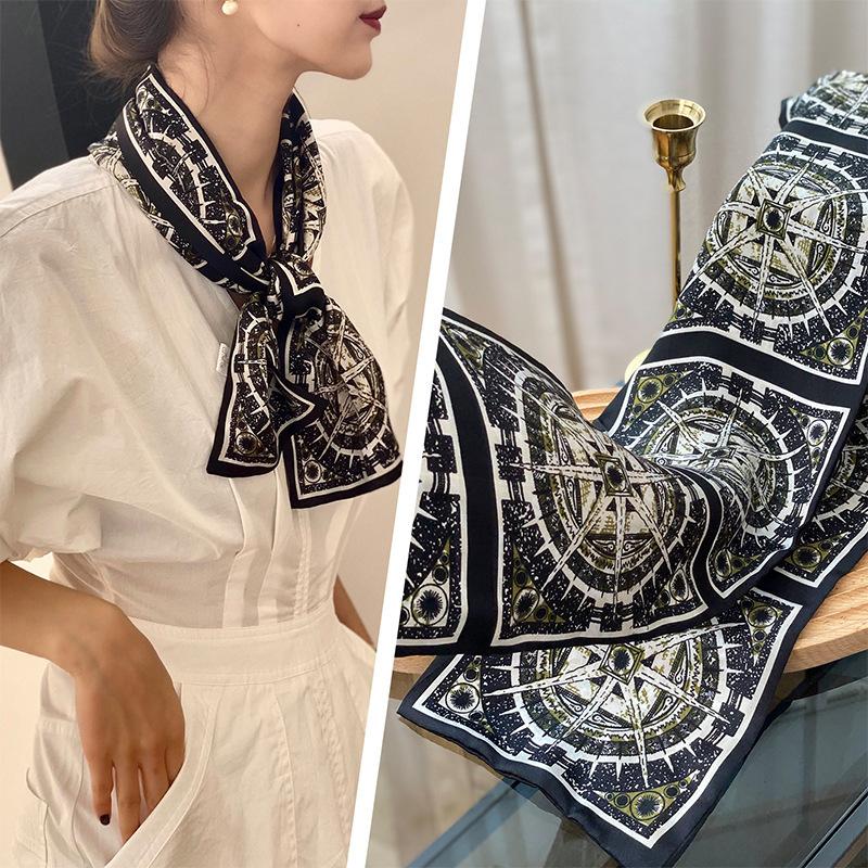 Compass Long Silk Scarf Silk Plain Crepe Satin Double-Layer Scarf Thin And Narrow Versatile Streamer Headband Women