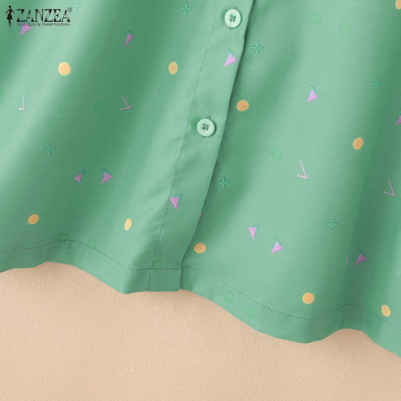 ZANZEA Women Casual Turn Down Collar Short Sleeve Print Blouse