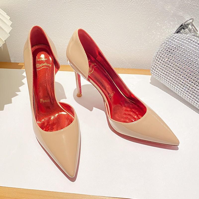 Nude Waterproof Table High Heels Women's Stiletto 2026 New Versatile Temperament Pointed Single Shoes Sexy Patent Leather Red Soles