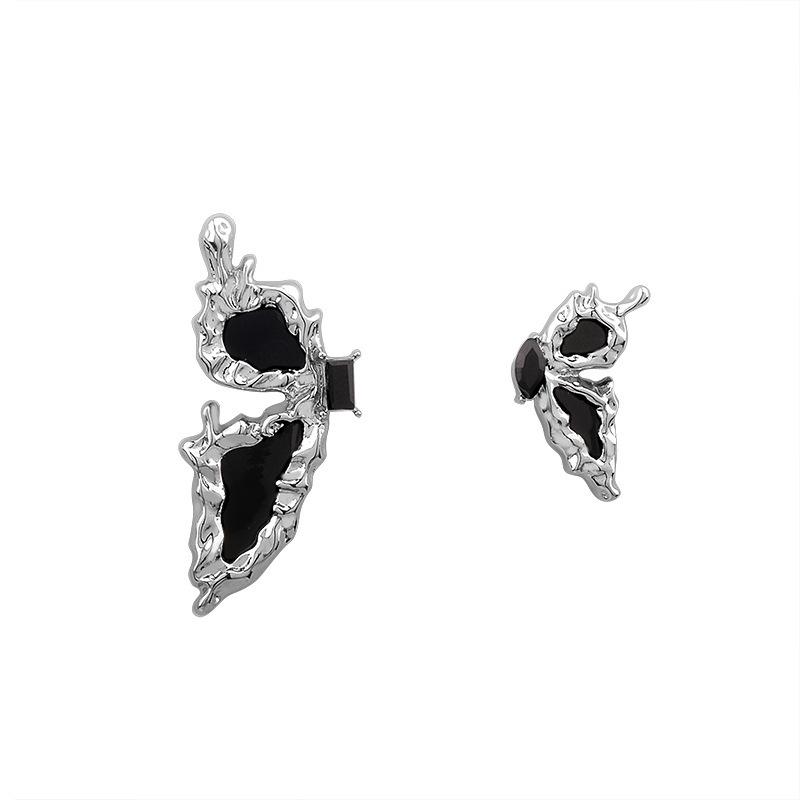 Asymmetrical Black Butterfly Stud Earrings - S925 Sterling Silver, High-Grade Design, Cool Style Jewelry.