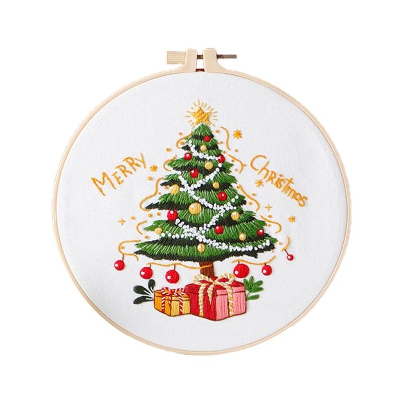 Christmas Pattern CrossStitch Kits Embroidery Starter DIY Kits with Embroidery Clothes Hoop Thread Needle for Beginner
