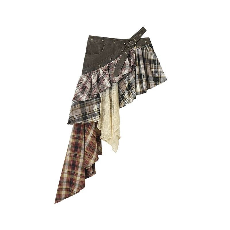European station skirt women s summer new trend retro plaid splicing irregular design Spice girl short skirt S