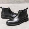 British Style Men's Brogue Detailing Chelsea Boots High Top Business Casual Leather Black Work Boots