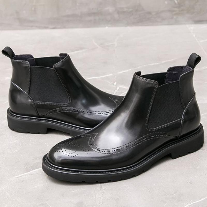 British Style Men's Brogue Detailing Chelsea Boots High Top Business Casual Leather Black Work Boots