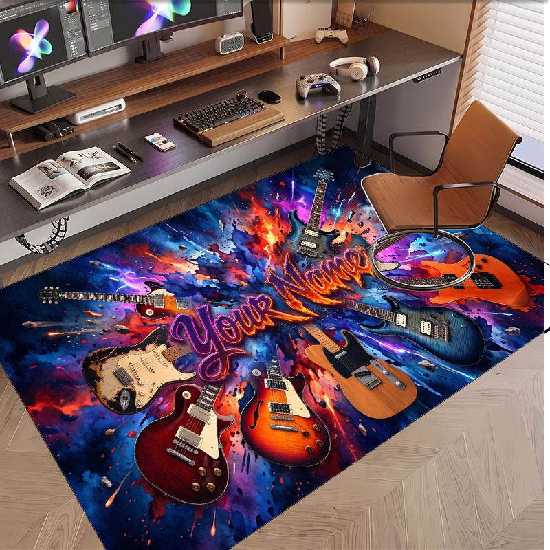 Music Guitar Theme Soft Crystal Velvet Rug Custom Name & Text Print Non Slip Floor Rug for Bedroom Living Room