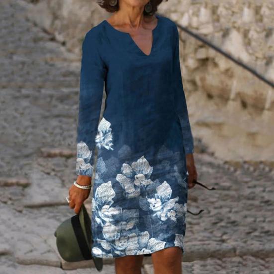 Women Midi Dress Flower Print V-neck Long Sleeves Vintage Pullover Daily Wear Colorful Holiday Autumn Women Beach Dress Female Clothes