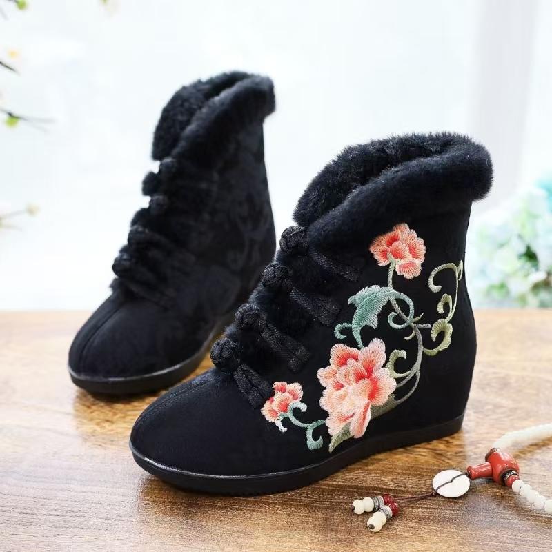 Women's Winter Wedges Ankle Embroidered Cotton Boots Increased Internal Ethnic Style Round Toe Plush Warm Canvas Hanfu Boots