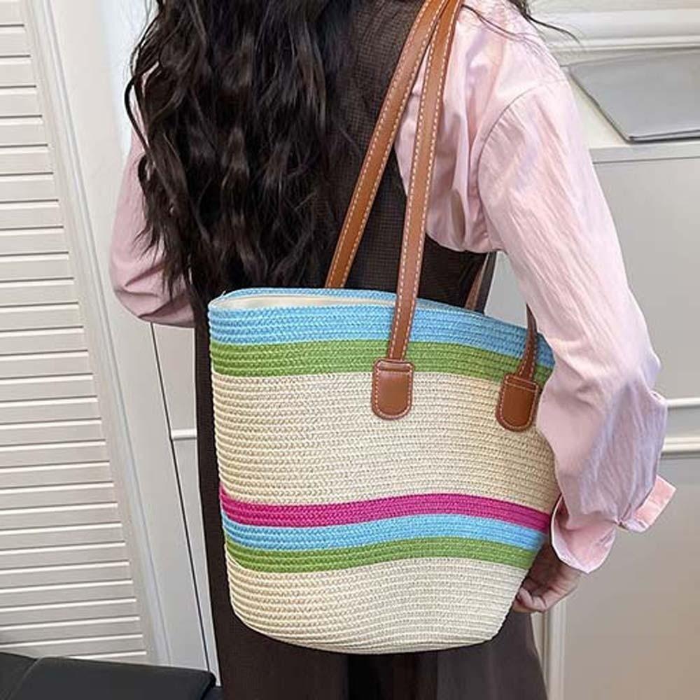 Polyester Shopping Straw Bag Lightweight Summer Beach Handbag Stripe Woven Tote Bag  Spring