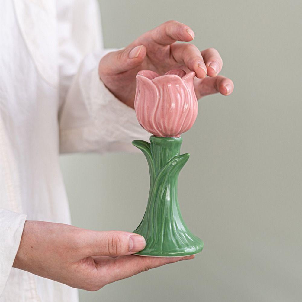 Nordic Style Tulip Candle Holder Handmade Simple Design Ceramic Tulip Candle Stand Decorative Creative Desktop Tulip Ornament