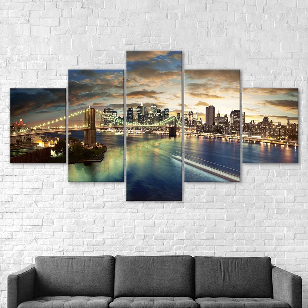 Brooklyn Bridge Manhattan New York Scenery 5 Piece Five Panel Wall Canvas Print Modern Art Poster Home Decor Gift For Him For Her