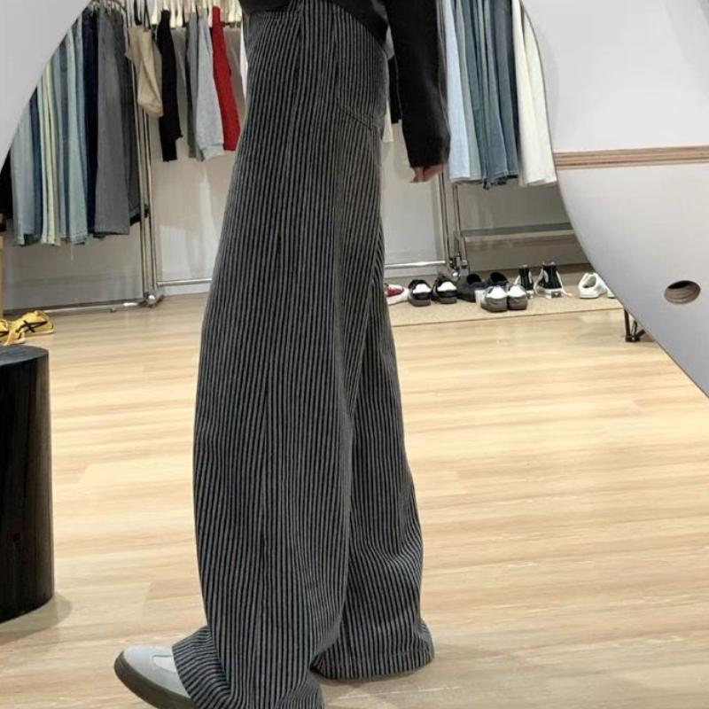 American Vintage Extra dlouhé pruhované džíny se širokými nohavicemi pro ženy - S vysokým pasem, volný střih, zeštíhlující rovné nohavice po zem (Podzim zima)