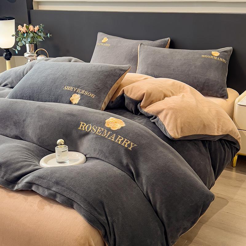 Coral Fleece Milk Velvet Winter Bedding Set: Thickened Embroidered Duvet Cover and Bed Sheet for Dorms.