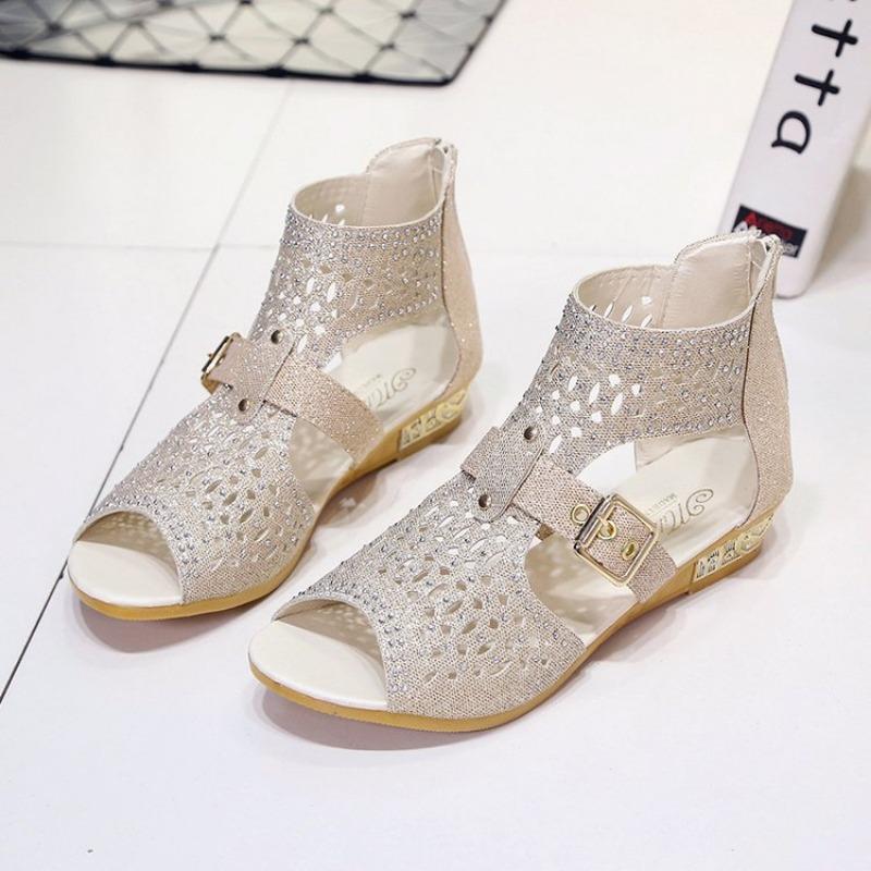 

Сандалии большого размера женские летние с открытым носком на плоской подошве с ремешком и пряжкой, полые, со стразами, пляжные сандалии 42