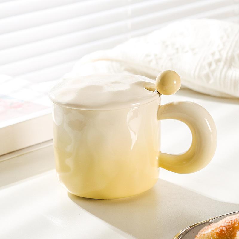 High Value Gradient Ceramic Cup Niche Design Sense Mug with Lid Spoon for Girls Coffee Cup Couple Drinking Water Cup