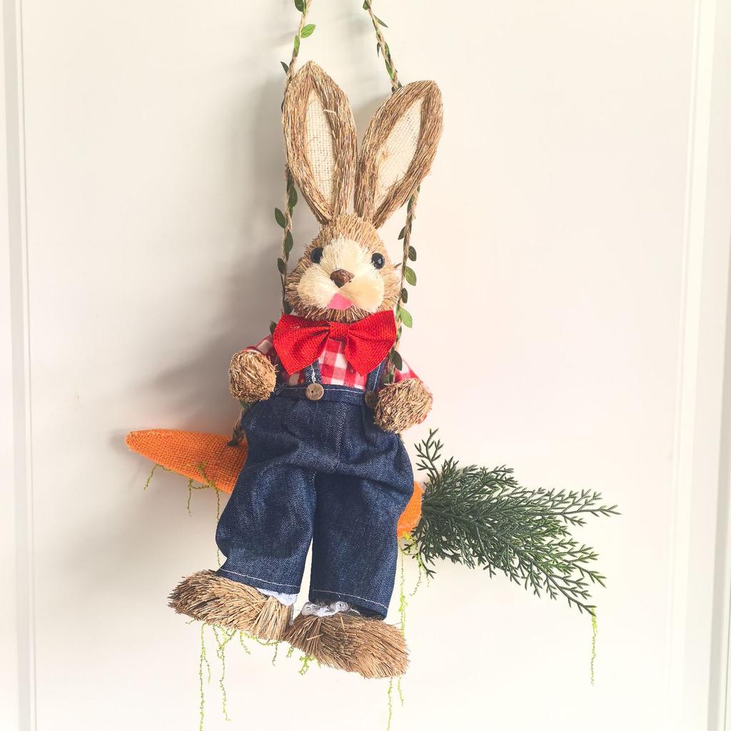Handmade Woven Straw Rabbit Swing Ornament Rustic Boho Hanging Home Centerpiece Christmas Easter Gift For Kids Couples Cozy