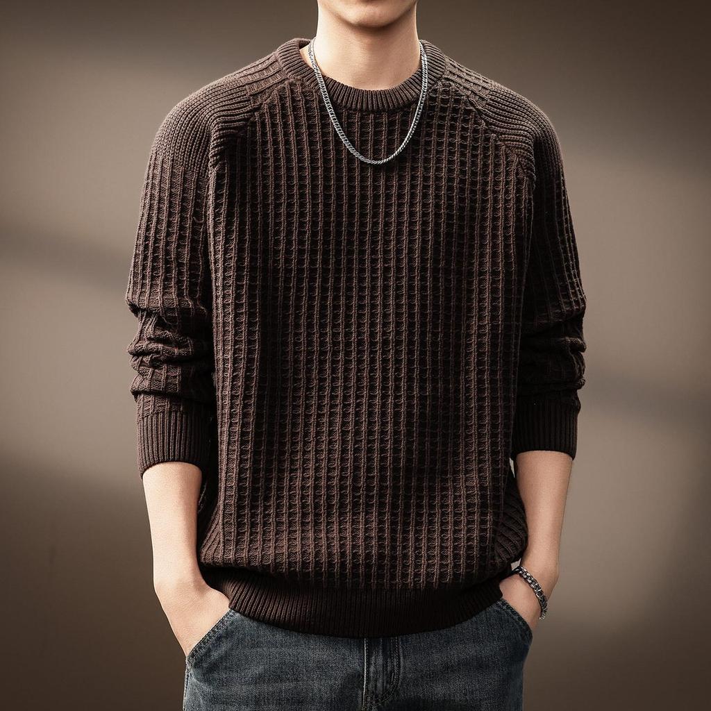Men's High-End Waffle Knit Sweater: Autumn Winter Warm Casual Pullover