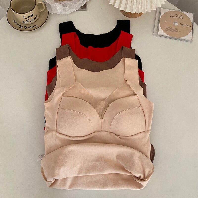 ITOOLIN Dame Fløyel Tank Tops Passende Sømløs BH Undertøy Med BH Pad Crop Topper For Kvinner Plysj Tykkede Varme Topper Vinter