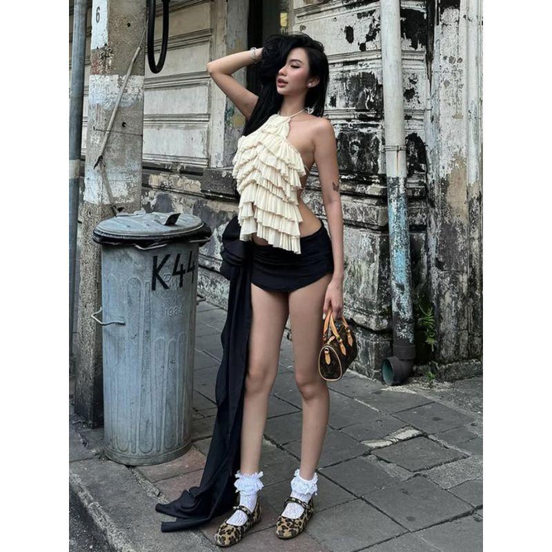 # Sisjuly# Cream Cake Sweet and Spicy Young Adult Layers Stacked Ruffles Open Back Halter Spaghetti Straps Tops Female
