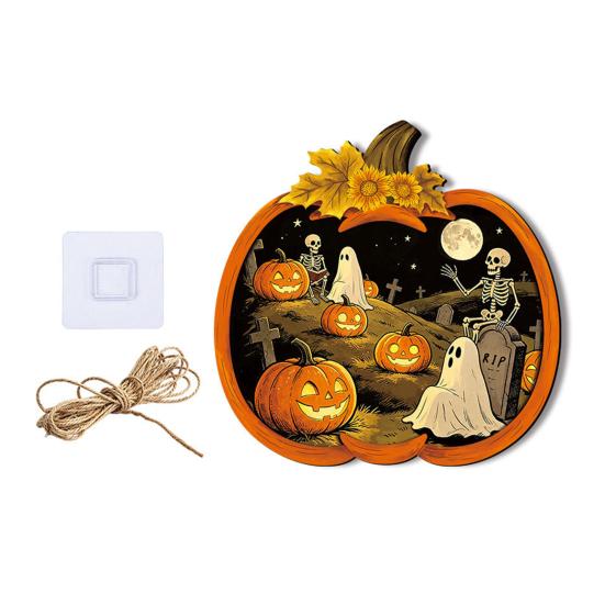 Mysterious Fantasy Home Decor Halloween Wooden Pumpkin Sign, LED Light Up Ghost Hanging Creepy Aesthetic Wall Sign for Indoor Outdoor Holiday