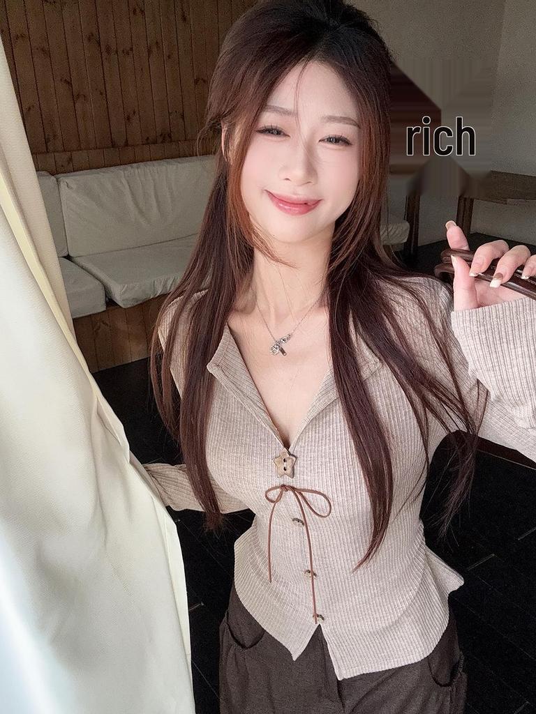 Retro Bow V-Neck Long-Sleeve Women's Slimming Top - 2025 Autumn Collection