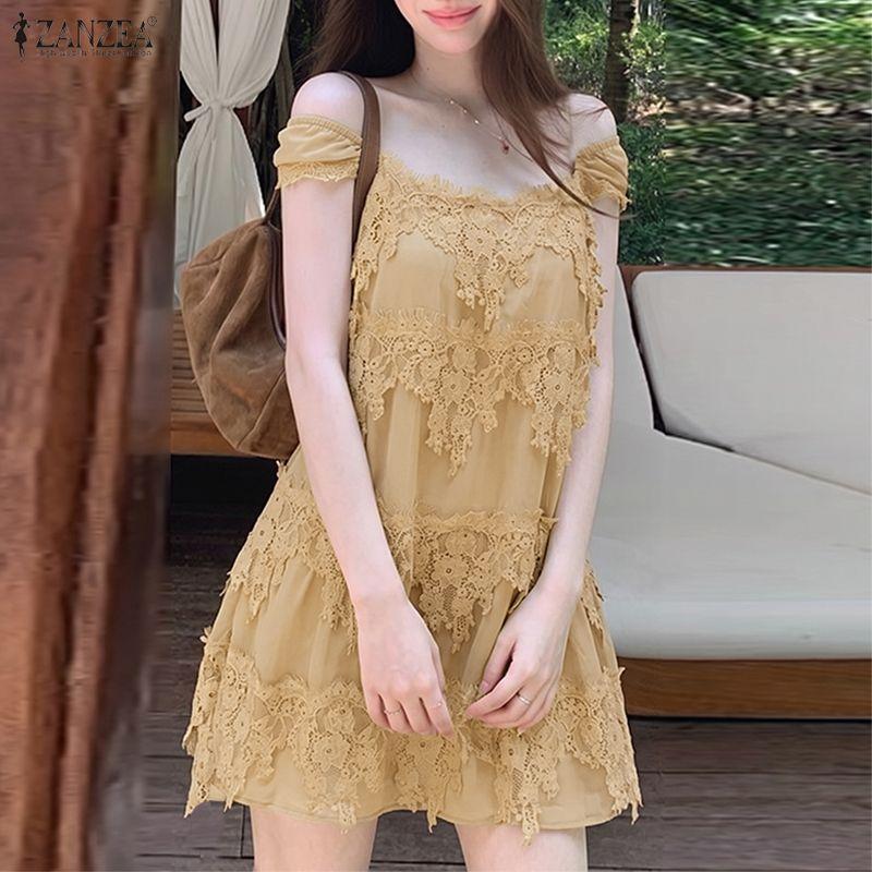 ZANZEA Women Summer Casual Off Shoulder Short Sleeve Lace Mini Dress