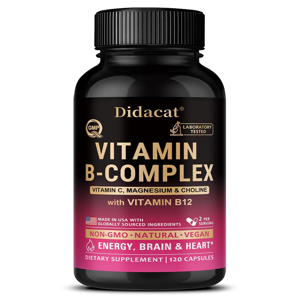 Didacat Vitamin B-Complex with Vitamin B12, Magnesium & Choline 120 Capsules for Energy & Brain Support 120PCS