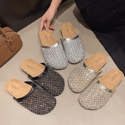 Plateausohlen-Boken-Schuhe Tasche Kopf Halbschuhe Damen Sommerbekleidung 2025 neu Ein-Pedal Fischernetz Strass Feenwind Sandalen