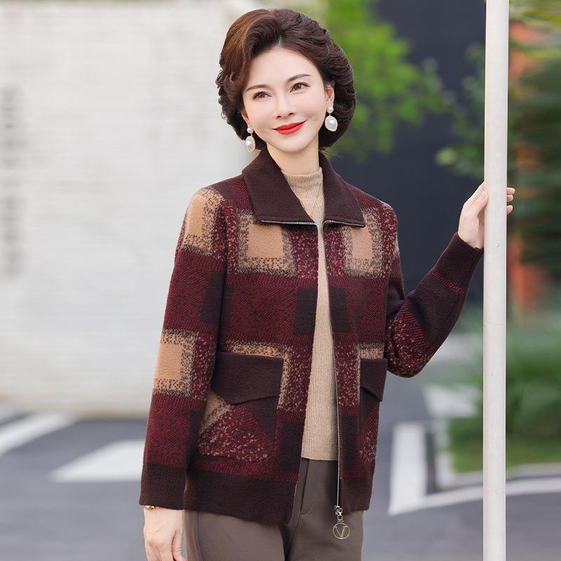 Karriertes Koreanisches Samt-Revers-Reißverschluss-Strickjacke für mittelalte und ältere Frauen – Herbst/Winter Strickwarenmantel