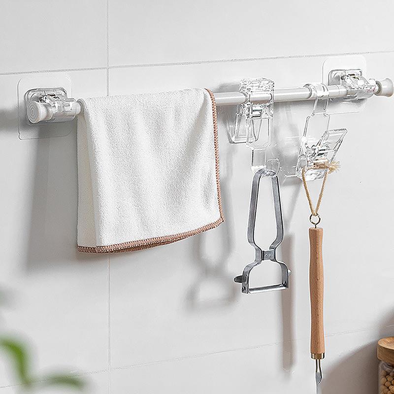 2Pcs Adhesive Wall Curtain Rod Holder Nail-Free Adjustable Clamp Hooks With Fixed Clip Hanging Rack